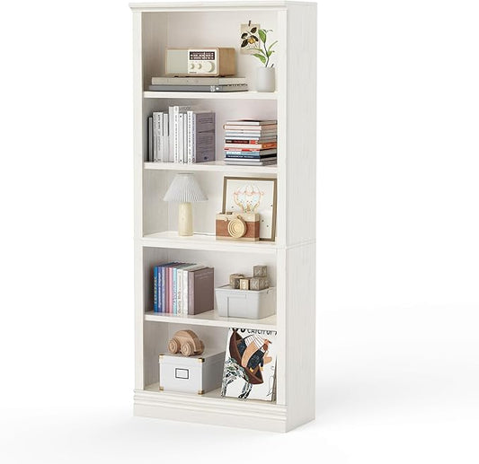 72 in Tall Bookcase, 31.3 in Wide Floor Standing Bookshelf, Open Storage 5-Shelf Bookshelves, Cream White Large Indoor Furniture for Home Office School Library Living Room Bedroom