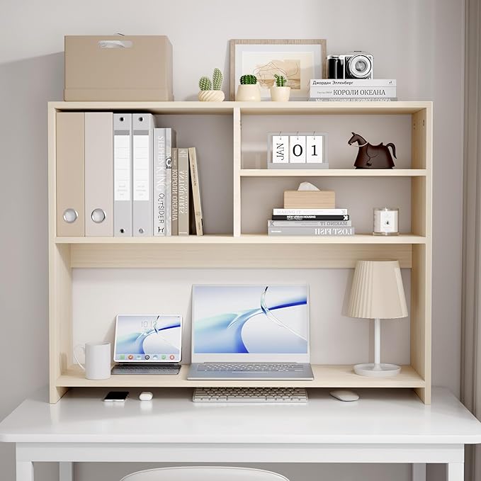 Jerry & Maggie Desktop Bookshelf Organizer, 4-Tier Desk Shelf with Hutch for Computer Desk, Wall Shelf Organizer & Room Decor Aesthetic, Dorm & Office Storage for Books, Laptop (White Wood/38 in)