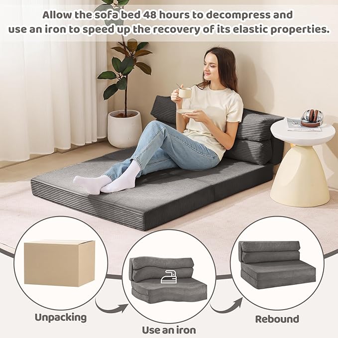 Folding Sofa Bed, Convertible Sleeper Chair with Pilow Foldable Matress, 2 in 1 Pull Out Loveseat Sofa Portable Fold Out Chair Bed Floor Couch Lounge for Living Room Bedroom (Grey, Queen)