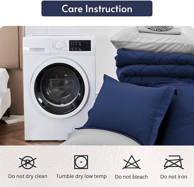 MUXHOMO 5 Pieces Twin Comforter Set, Reversible Bed in a Bag Twin Size, All Season Bedding Set with Comforter, Flat Sheet, Fitted Sheet, Pillowcases & Shams, Navy & Light Grey