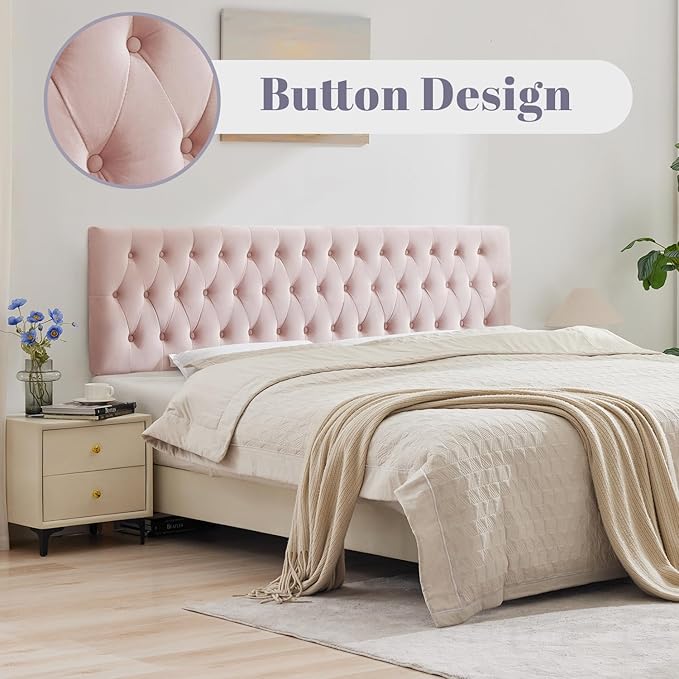 Kingfun Headboards in Modern Button Design, Premium Velvet Fabric Upholstered Tufted Bed Headboard, Adjustable Solid Wood Head Board (Pink, Twin)