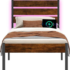Twin Bed Frame with Headboard,Heavy Duty LED Bed Frame with USB Charging Station,Mattress Foundation-Under Bed Storage, No Box Spring Needed, Noise Free,Brown