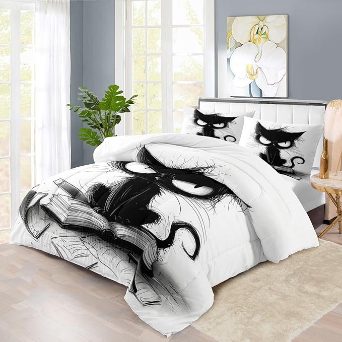 Cute Black Cat Comforter Set King Size Cute Pet Bedding Set Boys Girls White and Black Comforter Cartoon Cat Quilt Animal Bedroom Decor Kawaii Animal Print Bedding Boys Kids