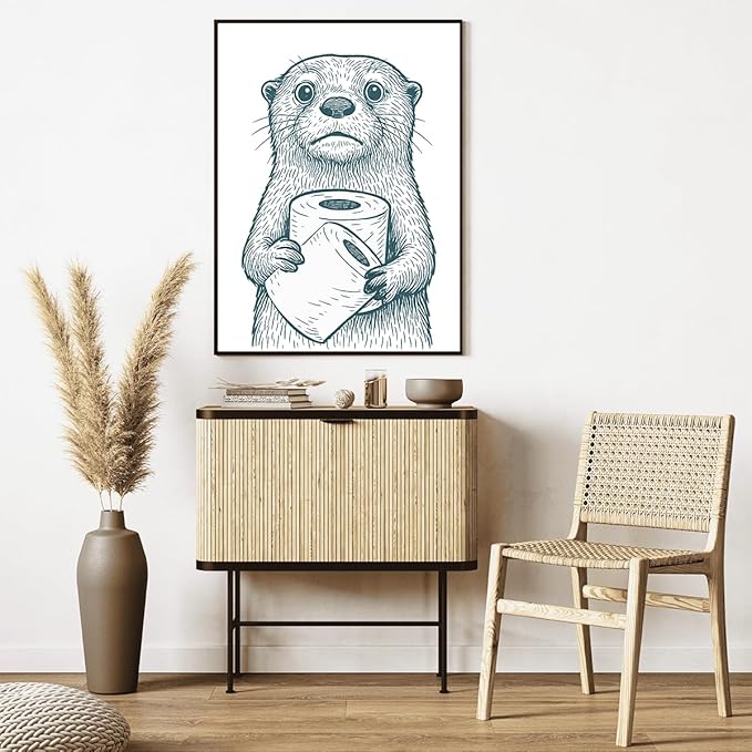 Jatinoo Funny Cartoon Otter Bathroom Wall Art Canvas Framed 11.5x15 Inches Black White Cute Animal-Inspired Prints for Toilet Wall Decor Ideal for Pet Lovers Young Adults Fun House Enthusiasts Home & Kitchen Posters
