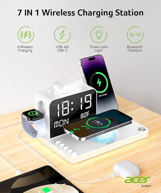 Acer 7-in-1 Wireless Charging Station with LED Clock - 30W Fast Wireless Charger for iPhone 16/15/14/13/12/Pro Max, Apple Watch, AirPods - Bluetooth Auto Time Sync & Night Lights (White)