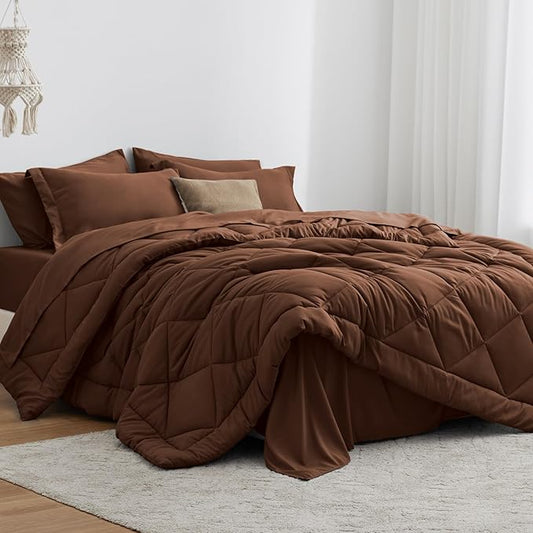 Love's cabin Queen Comforter Set Brown, 7 Pieces Queen Bed in a Bag, All Season Bedding Sets with 1 Comforter, 1 Flat Sheet, 1 Fitted Sheet, 2 Pillowcase and 2 Pillow Sham