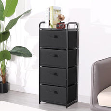 MAX Houser 4 Drawer Fabric Dresser Tall Storage Tower, Dresser Chest with Wood Top, Vertical Nightstand Side Organizer Unit with Metal Frame for Closets Bedroom Nursery Room Hallway(Black)
