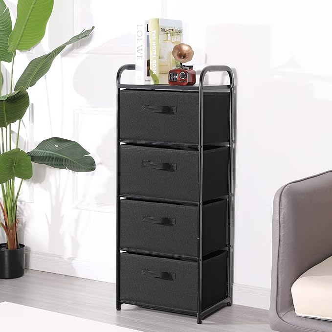 MAX Houser 4 Drawer Fabric Dresser Tall Storage Tower, Dresser Chest with Wood Top, Vertical Nightstand Side Organizer Unit with Metal Frame for Closets Bedroom Nursery Room Hallway(Black)