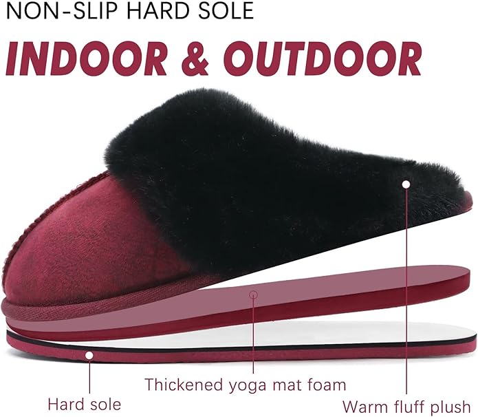 KuaiLu Womens Fluff Dual Memory Foam Slippers Ladies Cozy Arch Support Warm Scuff Slippers Slip on Comfy Winter House Shoes with Non-Slip Indoor Outdoor Hard Sole