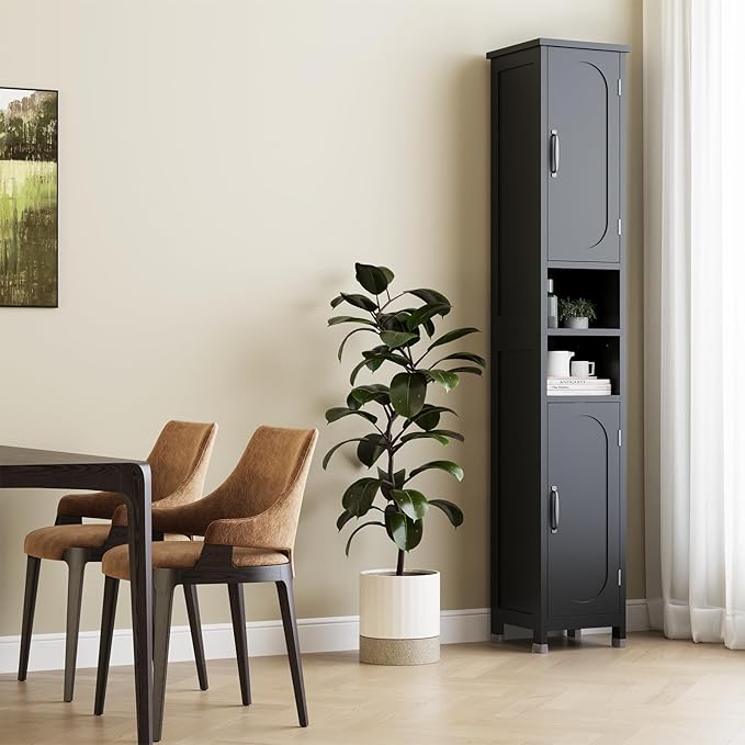67" Tall Bathroom Storage Cabinet with Lights, Slim Narrow Bathroom Cabinet Organizer with Doors and Adjustable Shelves, Tall Cabinet for Small Space (66.9" Tall-Black with Light, 1 Pack)