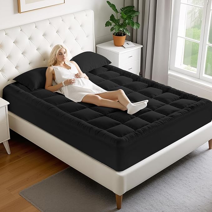 MATBEBY Queen Size Mattress Pad - Cooling Breathable Mattress Topper, Quilted Fitted Mattress Protector, Pillow Top Mattress Cover with 8-21" Deep Pocket, Soft, Machine Washable, Black, 60x80 Inches