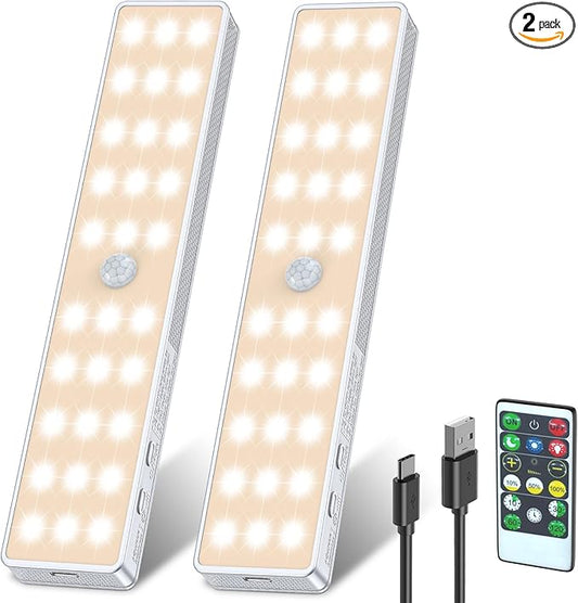 LED Closet Light, 30LEDs Dimmer USB Rechargeable Motion Sensor Light Under Cabinet Lighting, Stick-Anywhere Night Safe Light Bar for Wardrobe,Kitchen-2 Pcs, Warm
