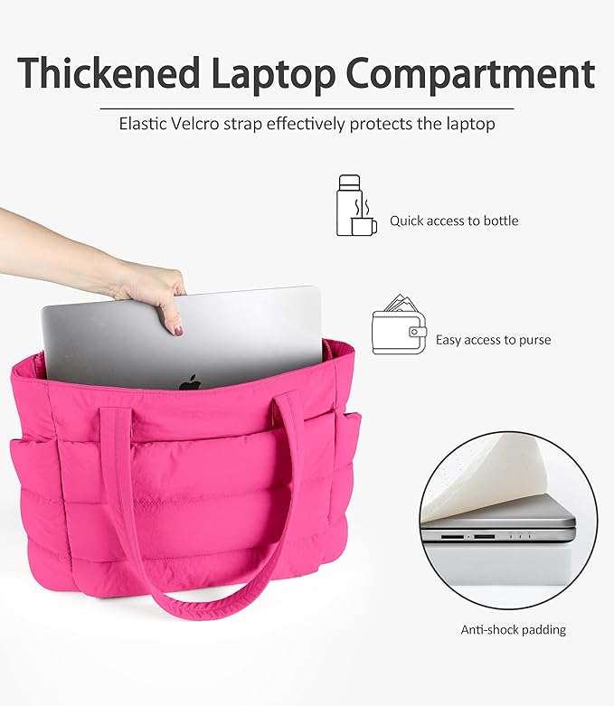 Puffer Tote Bag for Women, Cute Quilted Carryall with Zippered Compartments Shoulder Bag Handbag for Work, Travel, Gym