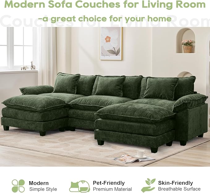 120" Modular Sectional Sofa, Comfy Cloud Couch Sectional Sofa with Ottoman, Chenille Sofa Sleeper Deep Seat Sofa with Throw Pillows for Living Room (Green, 120"- U Shape)