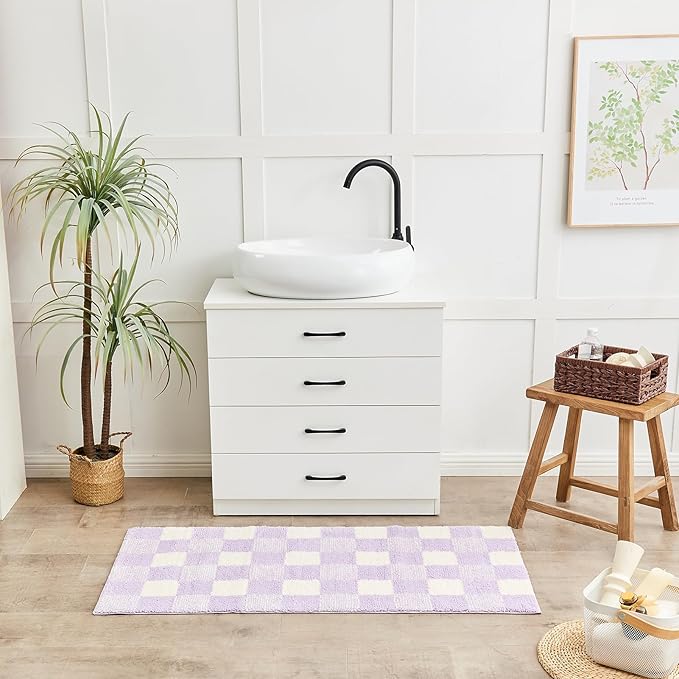 CozeCube Bath mats for Bathroom Non Slip, Fluffy Absorbent Microfiber Bath mat Washable, Aesthetic Bathroom Rugs, Long Purple Checkered Bath mat, Lavender, 47" x 24"