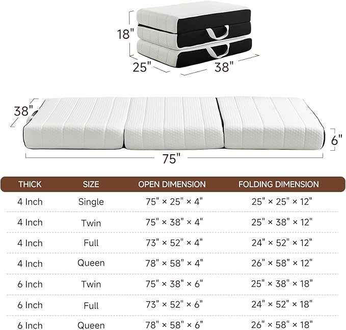Foldable Mattress, Full Tri-Fold Memory Foam Mattress Topper with Washable Cover, Handle & Non-Slip Bottom, 6 Inch Portable Folding Bed for Guest, Yoga, Living Room, Camping - 73"x52"x6"