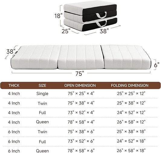 Foldable Mattress, Twin Tri-Fold Memory Foam Mattress Topper with Washable Cover, Handle & Non-Slip Bottom, 4 Inch Portable Folding Bed for Guest, Yoga, Living Room, Camping - 75"x38"x4"