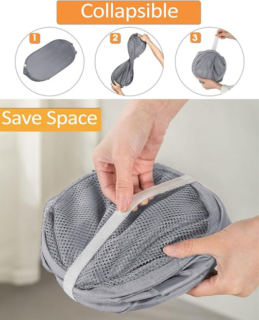 Durable Collapsible Laundry Baskets - Reinforced Mesh Pop Up Laundry Hamper with Pocket, Foldable Dirty Clothes Hamper with Carry Handles for Laundry, Bathroom, Kids Room, Dorm or Travel Pink+Grey
