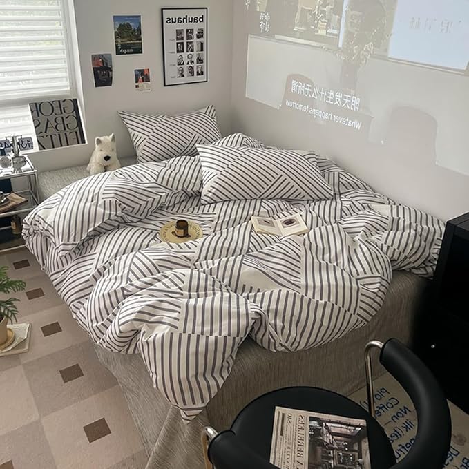 VM VOUGEMARKET Gray Striped Duvet Cover Set, 100% Cotton Geometric Bedding Set,3 Pieces Instagram Style Simple Modern Duvet Cover with 2 Pillowcases-Queen,Gray Stripes