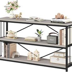 HSH Gray Bookshelf, Industrial Wood Metal Long Bookcase with Storage, Open 3 Tier Bookshelves for Bedroom Living Room, Farmhouse Wooden Etagere Book Shelf for Home Office, Light Grey Oak, 55 Inch