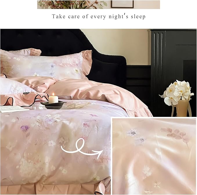 HighBuy Brushed Cotton Duvet Cover Full Ruffle Lace Floral Bedding French Style Floral Print,Vintage Duvet Cover Set Blush Flower Shabby Chic Bedding Comforter Cover Set，Soft and Breathable