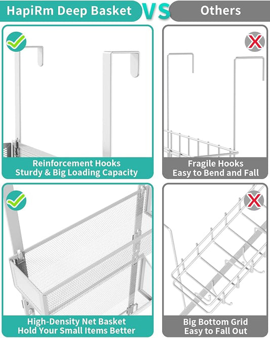 HapiRm Over Door Hook with 2 Mesh Baskets and 9 Hooks, 304 Stainless Steel No Drilling Over The Door Hanger, Storage Organizer for Bathroom, Kitchen, Bedroom-White (for 1.57in Doors)