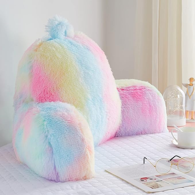 Faux Fur Backrest Pillow for Kids, Teen Reading Pillow with Arms, Fluffy Back Support Pillow for Sitting Up in Bed/Couch, Bed Wedge Pillow for Girls, Reading & Bed Rest Pillows (Pink)