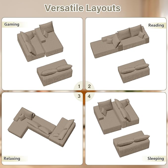 166.9" Cloud Sectional Couch with L-Shape Chaise, Modern Modular Comfy Sofa Chaise Longue, Upholstered Corduroy Couches Sleeper with Deep Seat for Living Room Bedroom, No Assembly Required, Camel