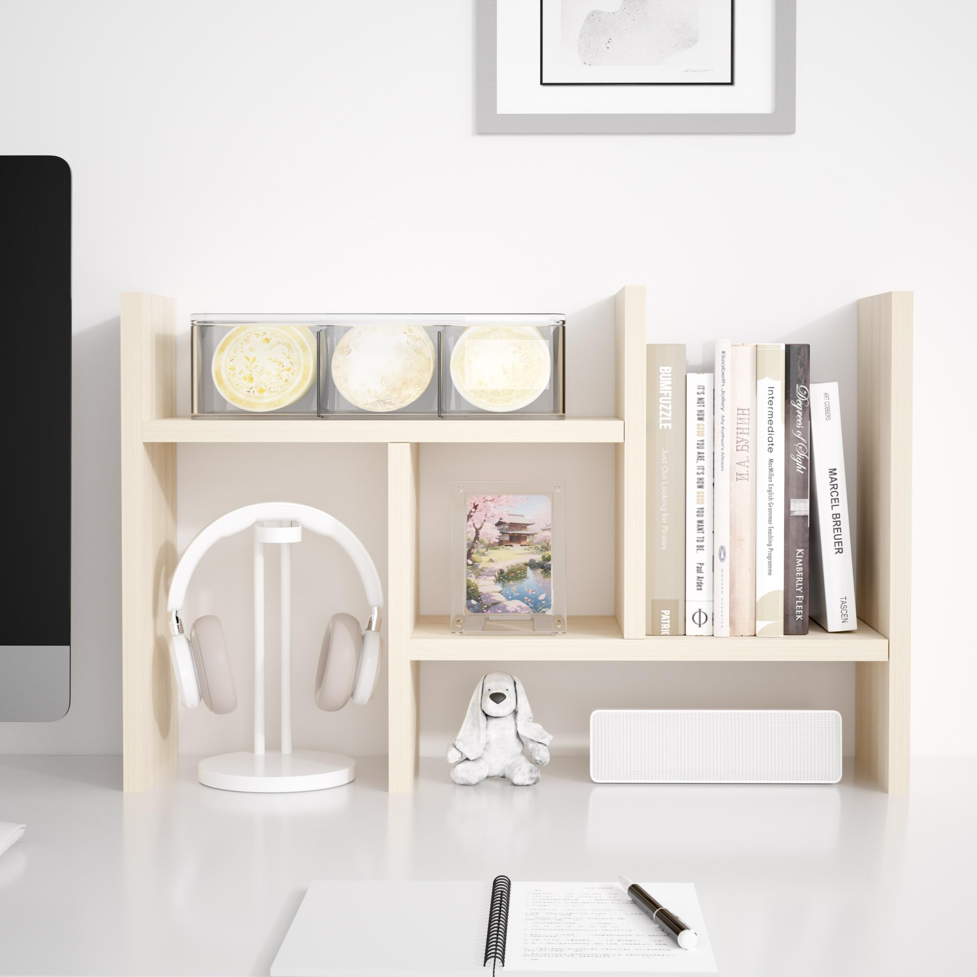 Jerry & Maggie Desktop Organizer Office Storage Rack Adjustable Wood Display Shelf Free Style Double H, Multi-Functional Mini Bookshelf for Desk Natural Stand (Violet) Dormly