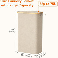 Lifewit 75L Slim Laundry Hamper with Lid, Narrow Laundry Basket with Removable Bag & Bamboo Handles, Fodable Thin Dirty Clothes Hamper for Laundry Collapsible Bin for Bathroom Bedroom Dorm, Beige