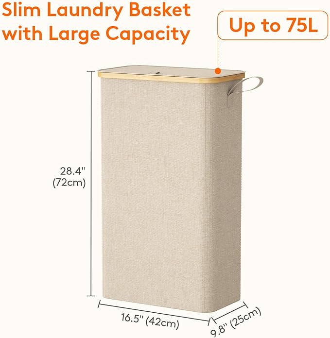 Lifewit 75L Slim Laundry Hamper with Lid, Narrow Laundry Basket with Removable Bag & Bamboo Handles, Fodable Thin Dirty Clothes Hamper for Laundry Collapsible Bin for Bathroom Bedroom Dorm, Beige
