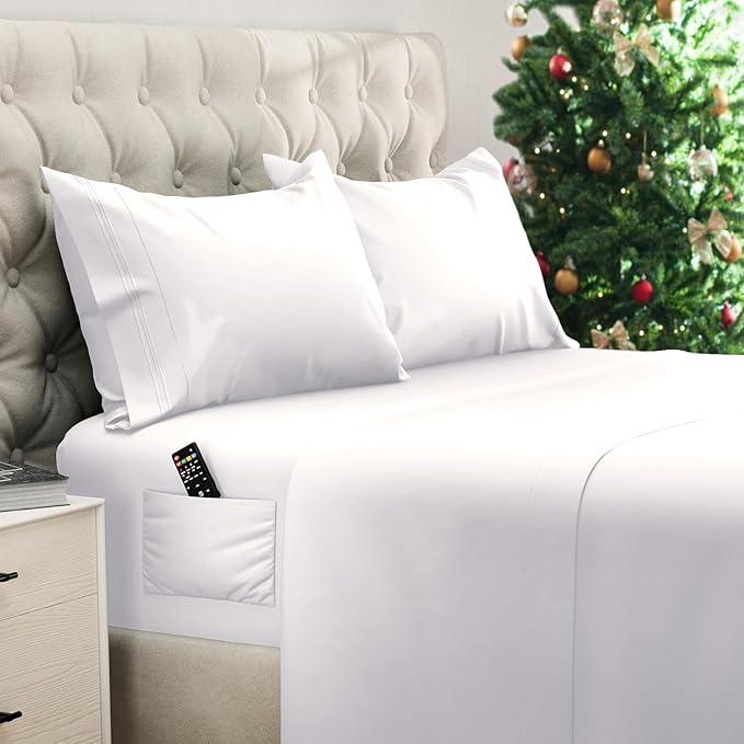 DREAMCARE Queen Size Sheets - Cooling Bed Sheets - 4pcs Set - up to 15" Deep Pocket Queen Sheet Set - Sheets Queen Size Bed - Soft & Long Lasting 100% Fine Brushed Polyester with Side Pocket - White DREAMCARE