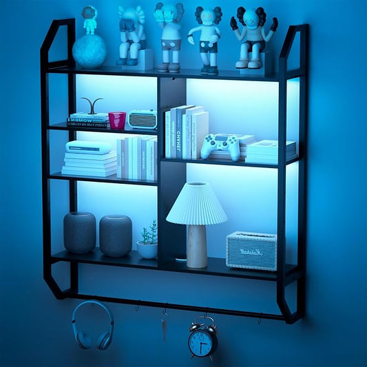 FAHKNS Gaming Floating Shelves, 35" Large LED Wall Shelves with Adjustable Tier, Wall Mounted Bookshelf with Hanging Pipe & 6 Hooks for Bedroom Gaming Room Kitchen Coffee Bar Decor, Black