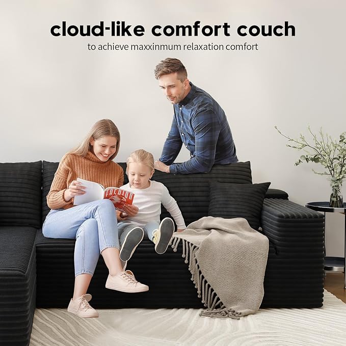 139.4" Modular Sectional Sofa, Oversized U-Shaped Minimalist Couches with 2 Middle Seats and 1 Ottoman Chaise, Modern Deep Seat Convertible Sleeper Sofa, Cloud Plush Corduroy Fabric,7 Seater, Black