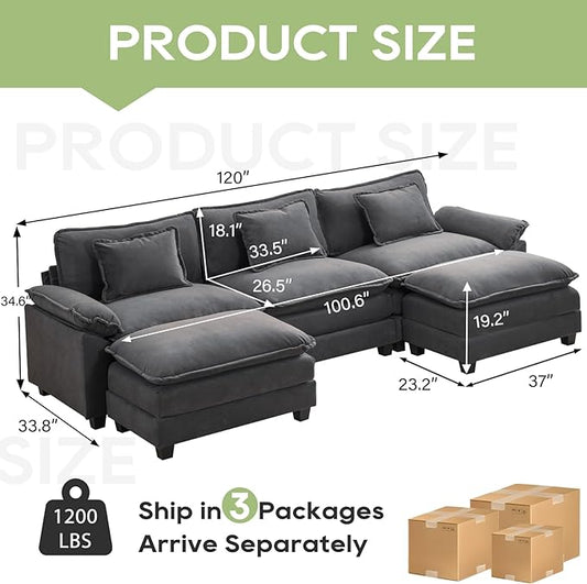 120" Modular Sectional Sofa, Comfy Cloud Couch Sectional Sofa with Ottoman, Chenille Sofa Sleeper Deep Seat Sofa with Throw Pillows for Living Room (Blue Gray, 120"- U Shape)