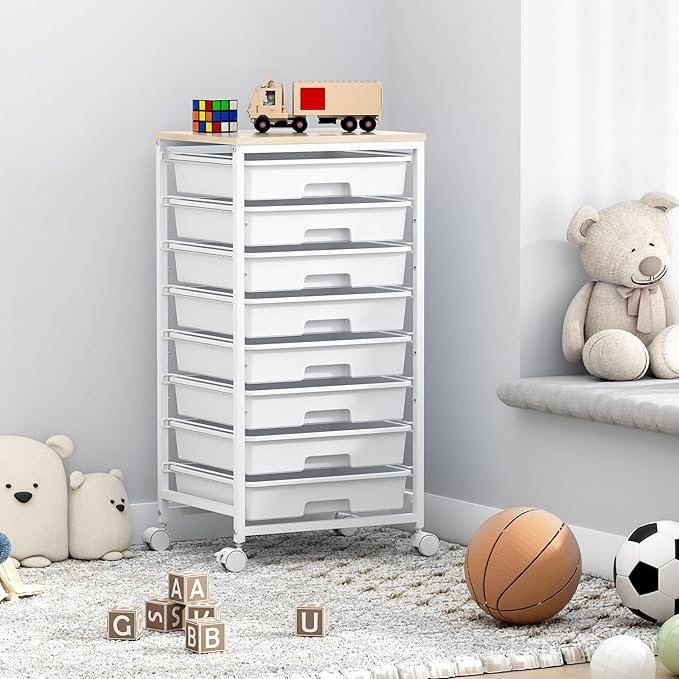 Rolling Storage Cart with Drawers,Utility Cart With 8 Drawers and Wooden Tabletop,Rolling Drawer Cart,Storage Drawer Cart for Living Room,Classroom,Bedroom,Bathroom,Dorm,Office,White