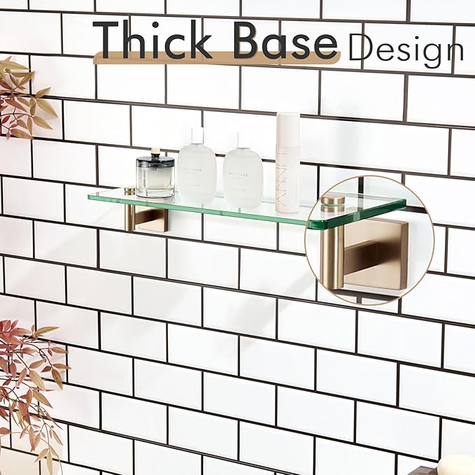 KOKOSIRI Wall Shelves Bathroom Hardware Glass Floating Shelf 20-Inch for Bedroom, Living Room, Kitchen, Hanging Rack Champagne Bronze B1105CPG-L20