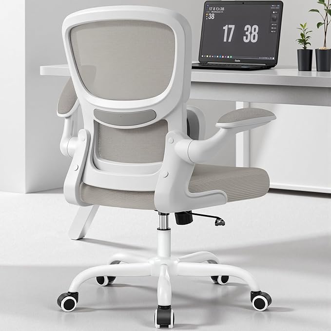 Office Chair Ergonomic Desk Chair, Breathable Mesh Comfy Chair with Lumbar Support, Computer Chair, Home Desk Chair with Flip-up Armrests, Gaming Chair for Adults Home Office (LightGray)
