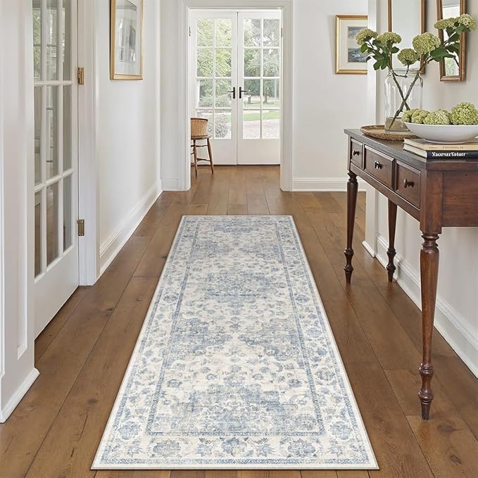 3x8 Washable Neutral Runner Rug Blue Vintage Hallway Kitchen Carpet Non-Slip Soft Low Pile Floral Throw Rug for Bedroom Bathroom Laundry Living Room
