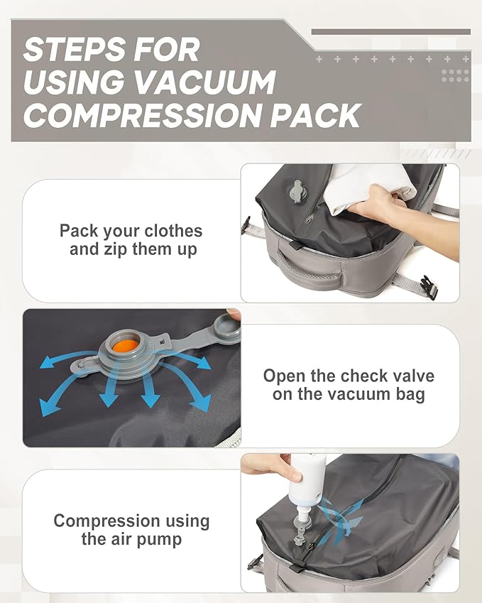 suwasp Vacuum Compression Backpack, 40L Expandable Travel Backpack with Electric Vacpack Pump, Travel Vacuum Bags with Shoe Compartment/15.6inch Laptop Compartment/USB Port, Brown