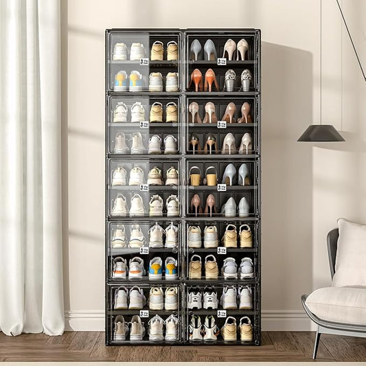 Shoe Rack Organizer Cabinet for Closet Entryway,Clear Shoe Storage Boxes Stackable Sneaker Storage with Door Easy Assembly Black Shoe Cabinet with Lids Large 10 Tiers 40 Pairs