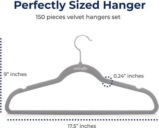 SereneLife 150 Pack Velvet Hangers - Non-Slip with 360° Swivel Hook - Ultra-Thin, Lightweight, Space-Saving, Felt Hangers for Shirts, Sweaters, Hoodies, Kids Clothes & Dresses