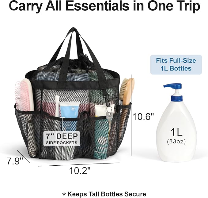 F-color Mesh Shower Caddy Portable with Drawstring - Upgrade Deeper 7 Pockets Dorm Room Essentials for Guys Girls with S Hook, Shower Bag Basket Tote for College Camping Gym Toiletry Bathroom, Black