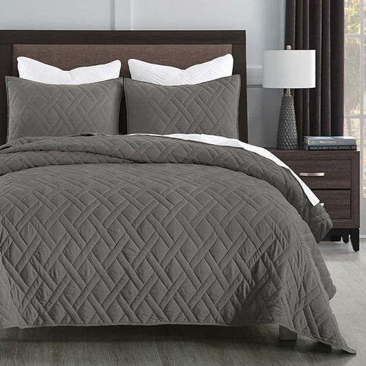 HORIMOTE HOME Quilt Set Twin Size Grey, Classic Geometric Diamond Stitched Pattern, Microfiber Ultra Soft Lightweight Bedspread Coverlet for All Season, 2 Piece Includes 1 Quilt and 1 sham
