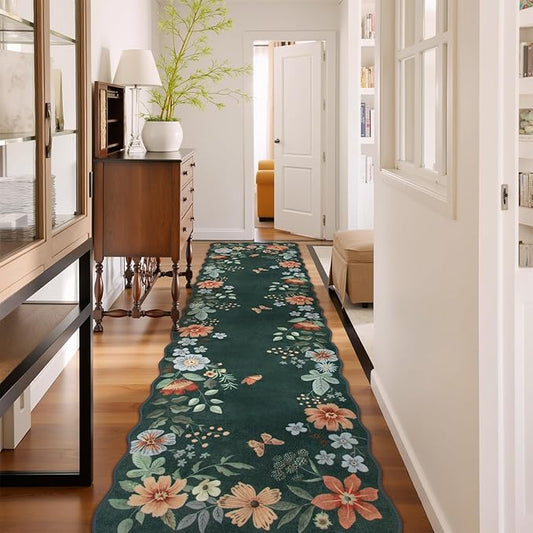 Lahome Floral Hallway Runner Rug Non Slip, 2'6''x10' Washable Runner Rug Soft Ultra-Thin Soft Runners for Hallways, Kitchen Runners Distressed Carpet for Entryway Bathroom(Dark Green)