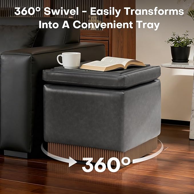 Square Ottoman with Storage,Swivel Vanity Stool-Faux Leather Foot Rest,Upholstered Footstool Pouf with Sturdy Acacia Wood Frame(500lbs),Small Coffee Table & Hidden Storage for Living Room