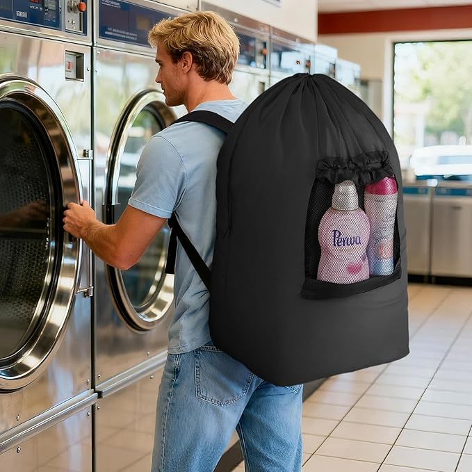 Lifewit 120L Laundry Bag, Extra Large Laundry Backpack with Shoulder Straps and Mesh Pocket for Laundromat, Heavy Duty Laundry Bag Backpack for Dirty Clothes for College Dorm/Travel/Apartment, Black