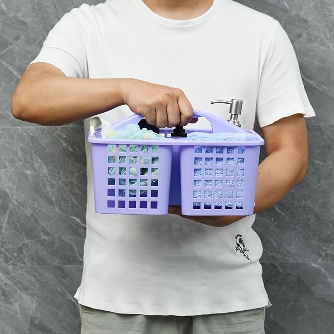 Haundry Plastic Shower Caddy Basket with 3 Compartments, Portable Divided Cleaning Supply Storage Organizer with Handle (Purple)