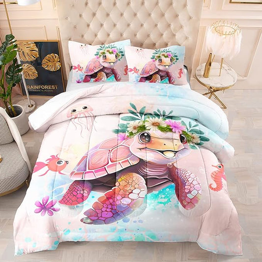 CVHOUSE Kawaii Sea Turtle Comforter Set Twin Size, Tie Dye Turtle Quilt Set, Ocean Decor 3 Pieces