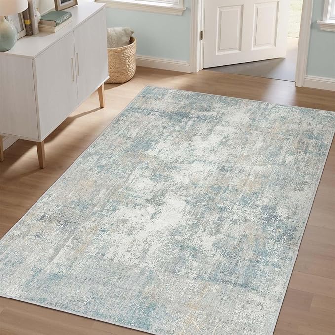 3x4 Washable Area Rug Blue Cream Abstract Entryway Office Throw Rug Neutral Modern Non Slip Soft Low Pile Lightweight Small Carpet for Kitchen Living Room Bedroom Entrance